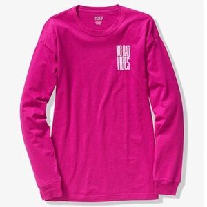 Victoria’s Secret PINK CAMPUS COTTON LONG SLEEVE TEE No Bad Vibes pink tee shirt